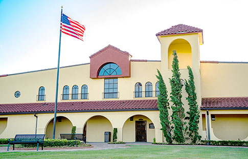 Front view of the main winery building