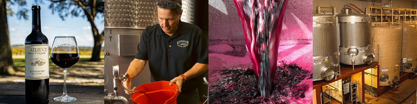 Collage of images showing lab testing wine, and the wine maker examining wine.